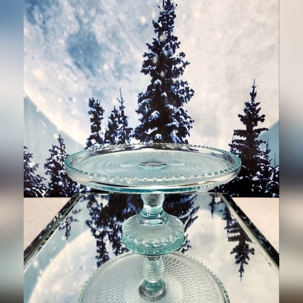 JEANNETTE Glass Company MCM Harp Pattern Pedestal Ice Blue Glass Cake Stand 10"